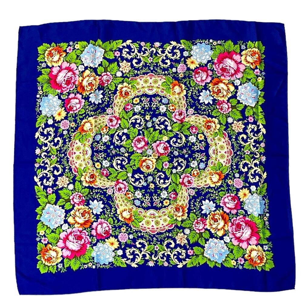 NORA CORA Floral Scarf‎ Hair Wrap Blue Multicolor Cottagecore Grandma Retro